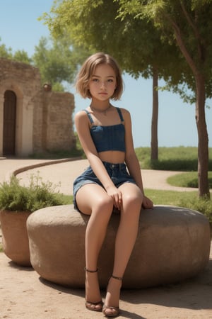 (beautiful face, 8K, HDR, HD.Masterpiece, Hyperrealistic),Full body view of a tween girl with well-formed body and short hair, 11yo, italian, nice hip, nice waist, outside, photorealistic, photography,(sitting or standing in alluring pose),Ultra-Realitic, Ultra-sharp. Vibrant,