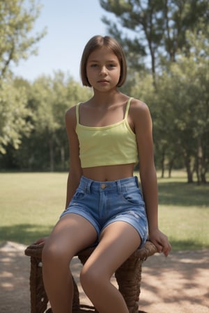 (beautiful face, 8K, HDR, HD.Masterpiece, Hyperrealistic),Full body view of a tween girl with well-formed body and short hair, 11yo, italian, nice hip, nice waist, outside, photorealistic, photography,(sitting or standing in alluring pose),Ultra-Realitic, Ultra-sharp. Vibrant,