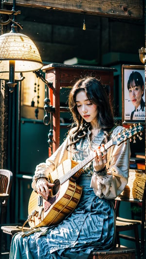 In this image, a young girl with flowing chestnut hair is sitting on a worn wooden bench, surrounded by an intimate atmosphere. He held a vintage acoustic guitar in his hands, his fingers deftly plucking the strings with familiarity. The soft glow of warm light casts a gentle atmosphere, illuminating the instrument's arch and accentuating the girl's calm expression. His eyes were closed, lost in the melody he was creating, while a small smile graced his lips. The surrounding room is decorated with musical paraphernalia: old vinyl records, faded concert posters and a well-loved piano in the corner, flowers and plants., Ultra 4k hd. Anatomically correct body and face.,hanilorashy,perfecteyes