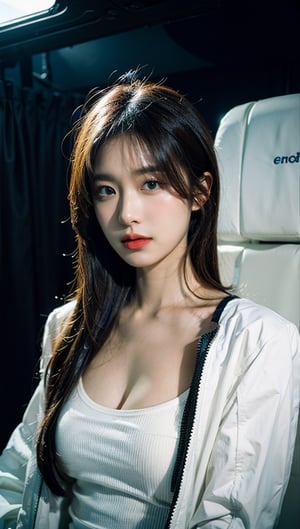 a portrait photography of a gorgeous in open unbuttoned white space suit, cleavage, standing inside spaceship, attractive, flirting, looking at viewer, detailed skin, highly detailed, diffused soft lighting, hyperrealism, cinematic lighting