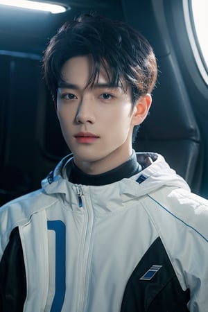 Handsome, best quality, masterpiece, (photorealistic:1.4), 1boy, glass, solo, short 
  blue hair, leather suit,long sleeves, upper body, dramatic lighting, looking at viewer, a portrait photography of a gorgeous in white space suit, standing inside spaceship, attractive, flirting, looking at viewer, detailed skin, highly detailed, diffused soft lighting, hyperrealism, cinematic lighting