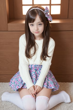 little tween,beauty face,sitting with open legs, skirt, panties with flower patterns, knee high socks,beautiful face