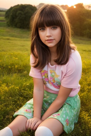 A young girl, around 12 years old, sits comfortably with her legs spread apart on a lush green meadow, showcasing her beauty against a warm sunset backdrop. Her face, a picture of innocence and charm, is gently lit by the golden hour light. A flowing skirt falls just above her knees, paired with matching flower-patterned panties. Knee-high socks add a pop of color to the scene, as she relaxes with a subtle smile, surrounded by soft focus and warm lighting that emphasizes her youthful glow.