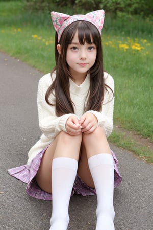 little tween,beauty face,sitting with open legs, skirt, panties with flower patterns, knee high socks,