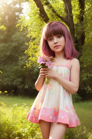 A delicate, extremely cute petite sweet anime girl poses in a whimsical forest setting, surrounded by vibrant wildflowers and towering trees. Soft, warm sunlight filters through the leaves, casting a gentle glow on her bright pink hair and porcelain skin. She wears a tiny white dress with ruffled details and holds a bouquet of colorful flowers, exuding innocence and playfulness.