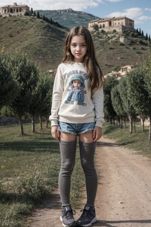 A masterpiece Images in a realistic breathtaking 8k UHD composition a petite 11yo Tween girl, piercing eyes, childish casual wear with thigh-high socks, italian outdoor. 