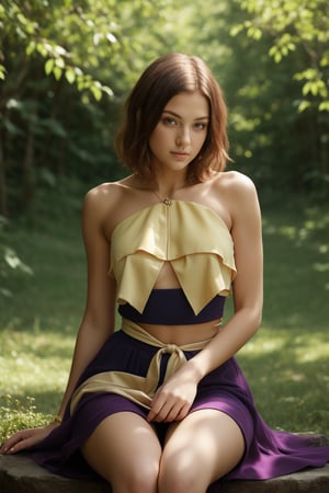 Exquisite portrait of an 11-year-old Italian otaku girl, showcased in a stunning full-body shot amidst a lush outdoor setting. Her short hair and toned physique are accentuated by the warm sunlight, casting a golden glow on her well-proportioned figure. She sits confidently, one leg bent at the knee, with a subtle smirk hinting at her playful nature. The vibrant colors of her outfit pop against the soft focus background, creating an ultra-realistic masterpiece that leaps off the screen in 8K, HDR, and HD glory.