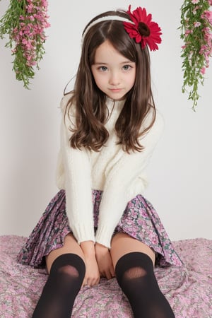 little tween,beauty face,sitting with open legs, skirt, panties with flower patterns, knee high socks,Beautiful Face