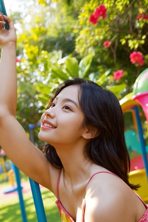 A joyful, petite girl with a captivating physique and delicate breasts frolics in a vibrant playground setting bathed in the gentle warmth of afternoon sunlight. Medium close-up framing captures her unbridled carefreeness and sultry attitude as she plays amidst colorful flowers and lush greenery.