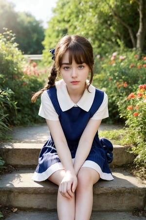 In this serene outdoor setting during dusk, a beautiful schoolgirl sits comfortably on stairs surrounded by lush greenery and vibrant petals. She holds a stuffed owl in her slender hands, adorned with brown hair tied back with a ribbon, bangs framing her face. Her bright brown eyes sparkle under the soft light of the fading sun, casting a warm glow on her rosy skin. The scene is set against a stunning blue sky with a few clouds drifting lazily by, as a fluffy white cat rests peacefully on her shoulder, looking up at the viewer with big round eyes. The schoolgirl's bare feet and white and blue striped knit dress add to the idyllic atmosphere, inviting the viewer to step into this peaceful world of wonder.