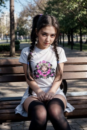 In a breathtaking 8k UHD composition, a stunning petite 11yo Tween girl, characterized by long black hair tied in a ponytail, piercing eyes, and childish alluring wear, with thigh-high socks, sitting on a park bench. 