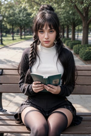 In a breathtaking 8k UHD composition, a stunning petite Tween girl, characterized by long black hair tied in a ponytail, piercing eyes, and childish alluring wear, with thigh-high socks, sitting on a park bench. Her bangs framing her alluring face, which exudes intense concentration as she read a book.