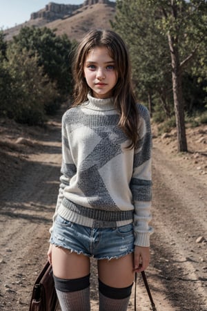 A masterpiece Images in a realistic breathtaking 8k UHD composition a petite 11yo Tween girl, piercing eyes, childish alluring wear with thigh-high socks, outdoor. 