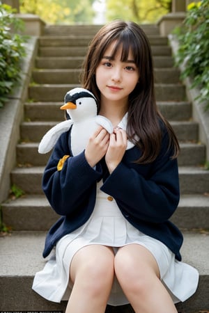 In a serene outdoor setting at dusk, a charming girl sits on the stairs of a picturesque school building, surrounded by lush greenery and blooming flowers. She's dressed in a lovely serafuku uniform with a pleated skirt, black socks, and loafers. Her brown hair is tied up with a ribbon and falls in soft bangs around her face. Her bright brown eyes sparkle as she holds a adorable stuffed animal, a penguin, close to her chest. The warm sunlight casts a gentle glow on her skin, accentuating the intricate details of her facial features, including her rosy cheeks and perfect lips. In the background, a majestic snowman stands tall, with delicate petals and leaves scattered around its base. The atmosphere is tranquil, inviting the viewer to step into this idyllic scene.