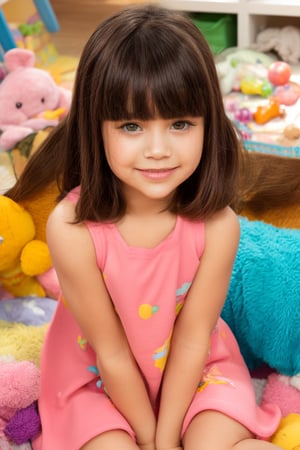 Close-up shot of an extremely cute petite sweet anime girl sitting on a colorful rug in a cozy room, surrounded by scattered toys and stuffed animals. She's wearing a soft pastel pink dress with a white apron over it, her bright brown eyes sparkling as she gazes up at the camera with a shy smile.