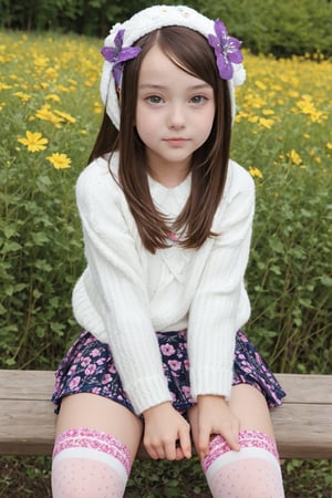 little tween,beauty face,sitting with open legs, skirt, panties with flower patterns, knee high socks,beautiful face