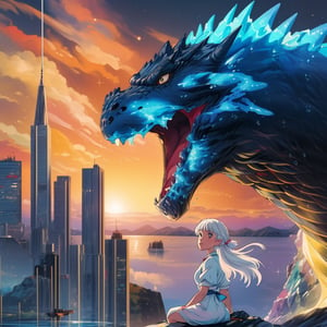 ((masterpiece, best quality)), cute girl, white hair, white dress, rest, black Godzilla 1954, behind, sparkle, water, hd, mix of fantastic and realistic elements,uhd image,crystal clear translucency,vibrant artwork, cosmic style, isekai anime, studio Ghibli,  she is facing towards the camera