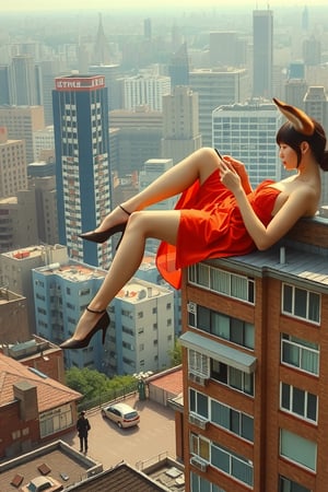 Helmut Newton-inspired: A towering Japanese woman with fox ears, lounging atop an apartment building, casually texting. Her legs stretch across the city, evoking a sense of dominance as small figures gaze up, transfixed.