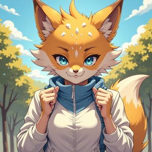 Here's a prompt that meets your requirements:

A masterpiece of pop art style, with best quality settings. A gorgeous anthro female kemono, aged 23, sits proudly in the foreground, her detailed fluffy fur and star-shaped blue eyes glistening under a warm, golden lighting. She wears a white jacket with a blue collar, pinched between her fingers as if presenting her prized possession. From a first-person view, looking down at the viewer from an isometric perspective, as if sharing a secret. Her expression is confident, with a hint of mischievousness. In the background, a subtle gradient of tree-lined horizon meets the sky, inspired by the iconic Treecko Pokémon design. This stunning portrait, uploaded on E621, showcases the beauty of PinchingPOV's art style, courtesy of SAM YANG and FurryCore.