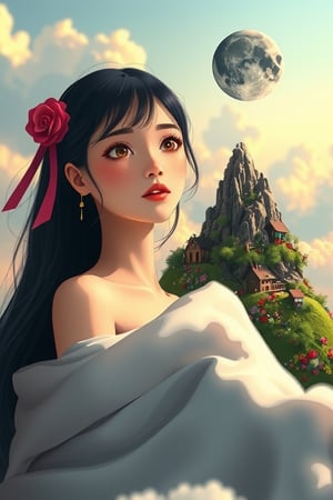 anime gigantic scale Gorgeous woman, using a miniature scale mountain as a pillow as she looks up.at tiny scale moon in the scale. she's in 20 years old. she is surrounded by an intricate detail miniature scale landscape, her blankets are fluffy white clouds, there are miniature fantasy villages surrounded by fields of tiny multi coloured flowers. in style of vibrant illustration. cinematic lighting , depth of view 