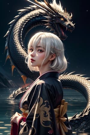 ((masterpiece, best quality)), gorgeous Japanese girl, white hair, silk kimono, rest, black dragon behind, sparkle, water, hd, mix of fantastic and realistic elements,uhd image,crystal clear translucency,vibrant artwork, cosmic style,giant_this_guy,long