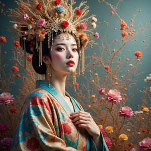 A colossal, intricately adorned Japanese woman stands in her majestic beauty, her flawless porcelain skin accentuated by an elaborate, floral kimono. Her eyes, expressive and filled with ancient wisdom, stare out with an ethereal grace, as her elegantly sculpted neck extends upwards, adorned with golden threads and ceremonial jewelry. The vibrant patterns of her kimono are a tapestry of blooming chrysanthemums, symbolizing both longevity and rejuvenation. Her headdress, bursting with an array of delicate flowers and shimmering tassels, towers like a garden of dreams, each petal and bead meticulously arranged, reflecting her youthful allure and immense presence.

At her feet, a smaller woman in her 30s gazes upward in awe and contemplation. Her expression is one of reverence and wonder, a subtle longing intertwined with admiration. She stands in a minimalist yet modern kimono, its soft earth tones in sharp contrast to the vivid vibrancy of the towering figure before her. The scale difference between them creates an almost surreal visual—a contrast between the earthly and the divine, the mortal and the mythical.

The atmosphere is thick with unspoken emotion, the intimate connection between the two women reflecting the complexity of femininity, tradition, and sensual beauty. The smaller woman’s delicate hand rests gently on her chest, as if feeling the weight of her thoughts, her gaze trailing over the monumental figure that represents ideals, dreams, and perhaps unattainable beauty. There's a subtle narrative of self-reflection, of what it means to look up to something seemingly larger than life, while still being part of the same world—both separated by scale, but connected by essence. 

The visual contrast of these two figures encapsulates a story of admiration, desire, and the evolving nature of identity within a landscape rich in history and personal discovery.