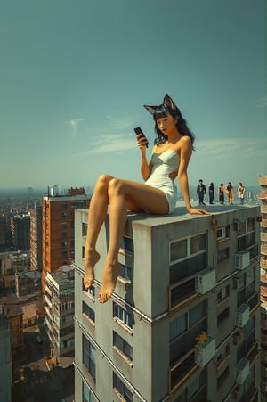 Helmut Newton-inspired: A towering Japanese woman with fox ears, lounging atop an apartment building, casually texting. Her legs stretch across the city, evoking a sense of dominance as small figures gaze up, transfixed.