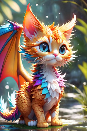 a liquid cute and adorable dragon cat made of colours, dragons wings, dragon tail, chibi, ginger tom, hyperdetailed intricately detailed, fantastical, intricate detail, splash screen, complementary colours, fantasy, concept art, 8k resolution, DeviantArt masterpiece,Xxmix_Catecat