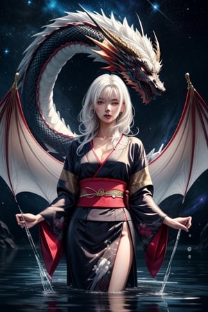 ((masterpiece, best quality)), gorgeous Japanese girl, white hair, silk kimono, rest, black dragon behind, sparkle, water, hd, mix of fantastic and realistic elements,uhd image,crystal clear translucency,vibrant artwork, cosmic style,giant_this_guy,long