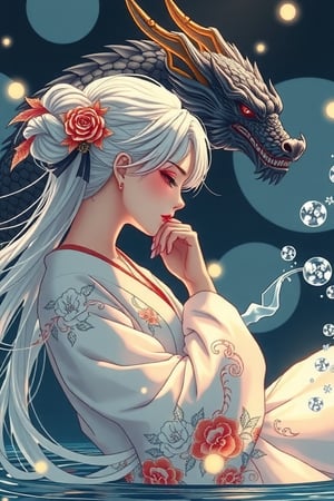 ((masterpiece, best quality)), gorgeous Japanese girl, white hair, silk kimono, rest, black dragon behind, sparkle, water, hd, mix of fantastic and realistic elements,uhd image,crystal clear translucency,vibrant artwork, cosmic style,giant_this_guy,long