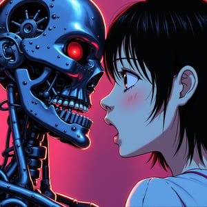 A close-up shot of a Japanese woman's terrified face as she gazes upon the female T-800 Terminator's intricate, detailed metal exoskeleton replacing her own flesh. The anime illustration features vibrant colors, with neon hues emphasizing the stark contrast between the human's pale skin and the cybernetic enhancements.