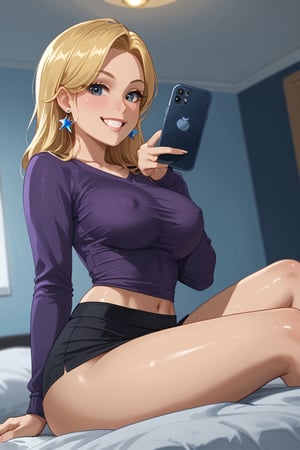 Becky, a stunning blonde beauty, strikes a sultry pose in her bedroom at night. She's wearing a purple shirt and black pencil skirt that accentuates her curvaceous figure. Her long hair is styled with a chic bow and adorned with sparkly earrings. A bright smile illuminates her face as she looks directly at the viewer, one hand resting confidently on her hip. The camera captures her from a low angle, emphasizing her impressive bust size (1.3) and creating a sense of intimacy. She's surrounded by the soft glow of a phone's screen, capturing the perfect selfie.