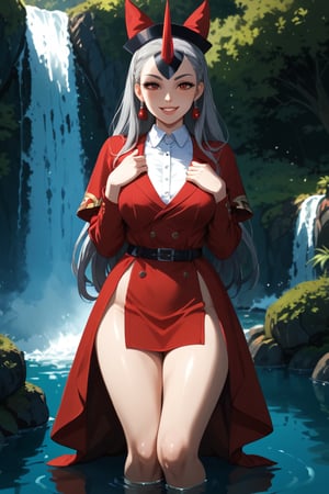 A serene anime-inspired scene: Eri stands solo in a peaceful forest setting, her long hair cascading down her back like a waterfall. Her eyes gleam red as she gazes into the distance, one half closed and a sly smile playing on her lips. Big, puffy lips curve upward, framing her shirt with long sleeves and a collared white collar. A single horn protrudes from her forehead, surrounded by grey hair that flows like mist around her face. She wears a flowing red dress with pleats, the hem barely visible beneath her feet. In one hand, she holds up the peace sign, as if channeling harmony and tranquility.,ani_booster