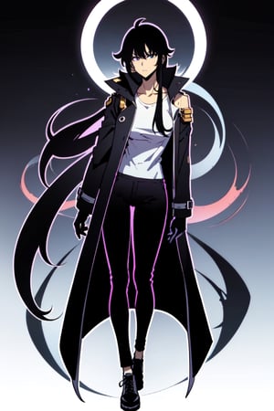 ((cut out sticker outline)), wearing purple gloves, Solo Levelling, determined face, glare, 1girl, ((Female version of sung Jinwoo)), solo leveling, only i can level up, smaller size boobs, ((long baggy black pants)), (((white t-shirt oversized))), inner lining of trench coat is black, simple background, ((wearing black shoes)), flat background, genderbent, ((front facing)), front straight on, black hair, (((long shoulder hair length))), ((long black trench coat reaches the middle upper thigh)), jacket covers shoulders, upturned jacket collar, strong, muscles, purple anime aura, ((FULL BODY)), Solo Levelling,Solo Levelling