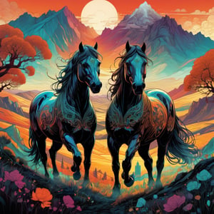 2 horses standing on field with mountain in background infographic with illustrations,psychedelic, by victo ngai, kilian eng rainbow colours, dynamic lighting, digital art, winning award masterpiece, fantastically beautiful, illustration, aesthetically inspired by beksinski and dan mumford, trending on artstation, art by greg rutkowski, 8 k,steampunk style