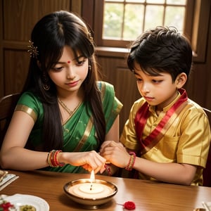 (Masterpiece) An anime illustration of 1 girl wearing a saree, sitting in front of a boy, tying rakhi on the hand of the boy, rakhi is kept on the table, they are celebrating Indian festival Rakshabandhan, anime style, extremely detailed eye ((Rakshabandhan)) (((1girl and 1boy))), ((brother and sister))full photo, wide angle shot, (((tying rakhi on the hand))),Kanna Kamui ,spritehex