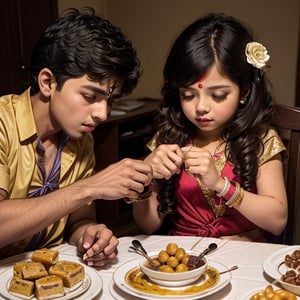 1 elder girl wearing a saree is tying a rakhi on the hand of her younger brother, sweets are kept on the table with rakhi on the table, they are celebrating indian festival of rakshabandhan,anime style,((Rakshabandhan))((((1girl and 1boy))) ((1boy))) , full photo, wide angle shot, (((tying rakhi))) ,RedHoodWaifu