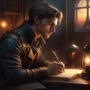 A very handsome young writing a poem, he is thinking of past, he has tears in his eyes, low light in his room, sitting close to the study table, close shot inspired by beksinski and dan mumford, trending on artstation, art by greg rutkowski, 8 k,steampunk style