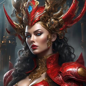 Create an astonishingly realistic and ultra-high-resolution depiction of a royal demon queen in the midst of a mechanic world. The image should exude an aura of both regal elegance and sinister power, transporting the viewer to a realm where technology meets the supernaturalsupernatural, 
The details must be ultra-precise and impeccably clear, capturing the essence of every element. Her face, a masterpiece of ultra-quality craftsmanship, embodies her dual nature. The intricate patterns of her red mechanic majestic crown should shine forth, an emblem of her dominion over both demons and machines. Her big, glowing red eye balls should possess an otherworldly intensity, hinting at the formidable power she wields.((extremely detailed eyes)) 

Render her body in exquisite ultra resolution, showcasing the fusion of her demon heritage and cybernetic enhancements. Clad in a sophisticated red armor adorned with intricate mechanical motifs, she wears a flowing cloak that adds an air of mystique to her presence. Her form is a testament to her beauty and strength, with curves that emphasize both her allure and her physical prowess.

Her red skin and hair, each strand meticulously detailed, evoke a sense of otherworldly grandeur. Metal claws extend from her fingers, their textures reflecting both elegance and lethality. Hints of dried blood on her face and body hint at her unyielding thirst for power and dominance.

Her short hair frames her face with a touch of defiance, and her evil eyes burn with a furious intensity. She wears an expression of controlled anger, a reflection of her bloodthirsty nature and unwavering determination.

The backdrop should convey the mechanic world's brilliance, with bright lights and intricate machinery creating an atmosphere of awe and wonder. Yet, there should also be an underlying sense of darkness, hinting at the queen's malevolent influence.

This portrait transcends mere imagery; it's a testament to the interplay between darkness and splendor, dominance and allure. The combination of her demon heritage and technological prowess should be executed with unparalleled creativity, leaving viewers captivated by her commanding presence, xxmix_girl