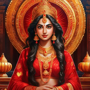 ((best quality)), ((masterpiece)), ((best illustration)), ((realistic)), 18-years old girl, long hair, curly hair, A Hindu God is in front of her, The god is in front, she is wearing alluring dress, flowing red dress,sitting back side shot,on eye level, worshiping god in temple, in front of god ((sitting)), (((tmeple))),masterpiece, 1 girl, 