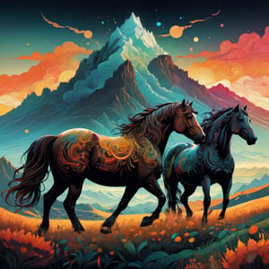 2 horses standing on field with mountain in background infographic with illustrations,psychedelic, by victo ngai, kilian eng rainbow colours, dynamic lighting, digital art, winning award masterpiece, fantastically beautiful, illustration, aesthetically inspired by beksinski and dan mumford, trending on artstation, art by greg rutkowski, 8 k,steampunk style