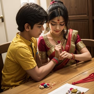 (Masterpiece) (anime illustration) An illustration of 1 girl wearing a saree, sitting beside a boy, tying rakhi on the hand of the boy, rakhi is kept on the table, they are celebrating Indian festival Rakshabandhan, anime style, extremely detailed eye ((Rakshabandhan)) (((1girl and 1boy))), ((brother and sister))full photo, wide angle shot, (((tying rakhi on the hand))),Kanna Kamui ,spritehex