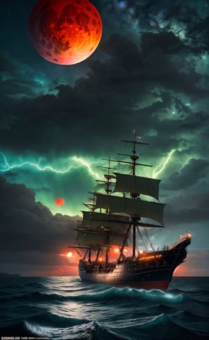 Extremely detailed 8k wallpaper,(Highly detailed:1.1), ((Masterpiece:1.1)) Intricate , fantasy,(1 boat),(Ocean:1.2),[Pirate Ship:ship with (Green fire:1.2):0.1], Clear sky ,Wind ,Beautiful sky,(nightsky),(milky ways), (Huge blood moon in the background:1.05), Huge Pirate Ship ,gigantic ship, stormy background, neon lightning thunderstorms, (((extremely detailed))) 