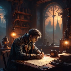 A young poet writing a poem, he is thinking of past, low light in his room, sitting close to the study table inspired by beksinski and dan mumford, trending on artstation, art by greg rutkowski, 8 k,steampunk style