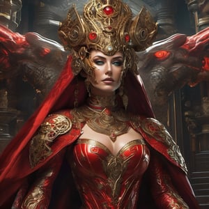 Create an astonishingly realistic and ultra-high-resolution depiction of a royal demon queen in the midst of a mechanic world. The image should exude an aura of both regal elegance and sinister power, transporting the viewer to a realm where technology meets the supernaturalsupernatural, 
The details must be ultra-precise and impeccably clear, capturing the essence of every element. Her face, a masterpiece of ultra-quality craftsmanship, embodies her dual nature. The intricate patterns of her red mechanic majestic crown should shine forth, an emblem of her dominion over both demons and machines. Her big, glowing red eye balls should possess an otherworldly intensity, hinting at the formidable power she wields.((extremely detailed eyes)) 

Render her body in exquisite ultra resolution, showcasing the fusion of her demon heritage and cybernetic enhancements. Clad in a sophisticated red armor adorned with intricate mechanical motifs, she wears a flowing cloak that adds an air of mystique to her presence. Her form is a testament to her beauty and strength, with curves that emphasize both her allure and her physical prowess.

Her red skin and hair, each strand meticulously detailed, evoke a sense of otherworldly grandeur. Metal claws extend from her fingers, their textures reflecting both elegance and lethality. Hints of dried blood on her face and body hint at her unyielding thirst for power and dominance.

Her short hair frames her face with a touch of defiance, and her evil eyes burn with a furious intensity. She wears an expression of controlled anger, a reflection of her bloodthirsty nature and unwavering determination.

The backdrop should convey the mechanic world's brilliance, with bright lights and intricate machinery creating an atmosphere of awe and wonder. Yet, there should also be an underlying sense of darkness, hinting at the queen's malevolent influence.

This portrait transcends mere imagery; it's a testament to the interplay between darkness and splendor, dominance and allure. The combination of her demon heritage and technological prowess should be executed with unparalleled creativity, leaving viewers captivated by her commanding presence, xxmix_girl