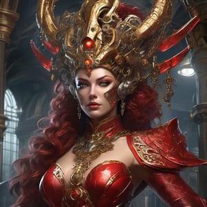 Create an astonishingly realistic and ultra-high-resolution depiction of a royal demon queen in the midst of a mechanic world. The image should exude an aura of both regal elegance and sinister power, transporting the viewer to a realm where technology meets the supernaturalsupernatural, 
The details must be ultra-precise and impeccably clear, capturing the essence of every element. Her face, a masterpiece of ultra-quality craftsmanship, embodies her dual nature. The intricate patterns of her red mechanic majestic crown should shine forth, an emblem of her dominion over both demons and machines. Her big, glowing red eye balls should possess an otherworldly intensity, hinting at the formidable power she wields.((extremely detailed eyes)) 

Render her body in exquisite ultra resolution, showcasing the fusion of her demon heritage and cybernetic enhancements. Clad in a sophisticated red armor adorned with intricate mechanical motifs, she wears a flowing cloak that adds an air of mystique to her presence. Her form is a testament to her beauty and strength, with curves that emphasize both her allure and her physical prowess.

Her red skin and hair, each strand meticulously detailed, evoke a sense of otherworldly grandeur. Metal claws extend from her fingers, their textures reflecting both elegance and lethality. Hints of dried blood on her face and body hint at her unyielding thirst for power and dominance.

Her short hair frames her face with a touch of defiance, and her evil eyes burn with a furious intensity. She wears an expression of controlled anger, a reflection of her bloodthirsty nature and unwavering determination.

The backdrop should convey the mechanic world's brilliance, with bright lights and intricate machinery creating an atmosphere of awe and wonder. Yet, there should also be an underlying sense of darkness, hinting at the queen's malevolent influence.

This portrait transcends mere imagery; it's a testament to the interplay between darkness and splendor, dominance and allure. The combination of her demon heritage and technological prowess should be executed with unparalleled creativity, leaving viewers captivated by her commanding presence, xxmix_girl