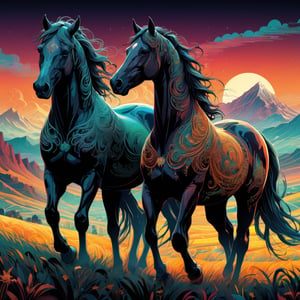 2 horses standing on field with mountain in background infographic with illustrations,psychedelic, by victo ngai, kilian eng rainbow colours, dynamic lighting, digital art, winning award masterpiece, fantastically beautiful, illustration, aesthetically inspired by beksinski and dan mumford, trending on artstation, art by greg rutkowski, 8 k,steampunk style