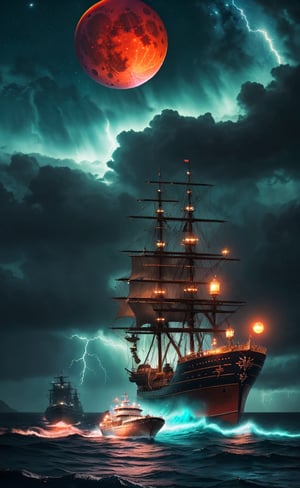 Extremely detailed 8k wallpaper,(Highly detailed:1.1), ((Masterpiece:1.1)) Intricate , fantasy,(1 boat),(Ocean:1.2),[Pirate Ship:ship with (Green fire:1.2):0.1], Clear sky ,Wind ,Beautiful sky,(nightsky),(milky ways), (Huge blood moon in the background:1.05), Huge Pirate Ship ,gigantic ship, stormy background, neon lightning thunderstorms, (((extremely detailed))) 