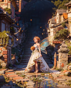 (((Fairy))),Story, bride posing under a fairy tale, elaborate scene style, glitter, orange, realistic style, 8k,exposure blend, medium shot, bokeh, (hdr:1.4), high contrast, (cinematic, orange and white film), (muted colors, dim colors, soothing tones:1.3), low saturation, (hyperdetailed:1.2), (noir:0.4)