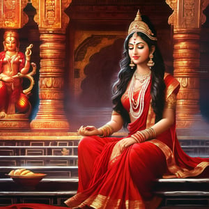 ((best quality)), ((masterpiece)), ((best illustration)), ((realistic)), 18-years old girl, long hair, curly hair, A Hindu God is in front of her, The god is in front, she is wearing alluring dress, flowing red dress,sitting back side shot,on eye level, worshiping god in temple, in front of god ((sitting)), (((tmeple))),masterpiece, 1 girl, 